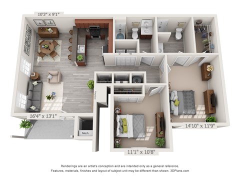 Floor plan for 2 beds, 2 baths, 1163 sqft